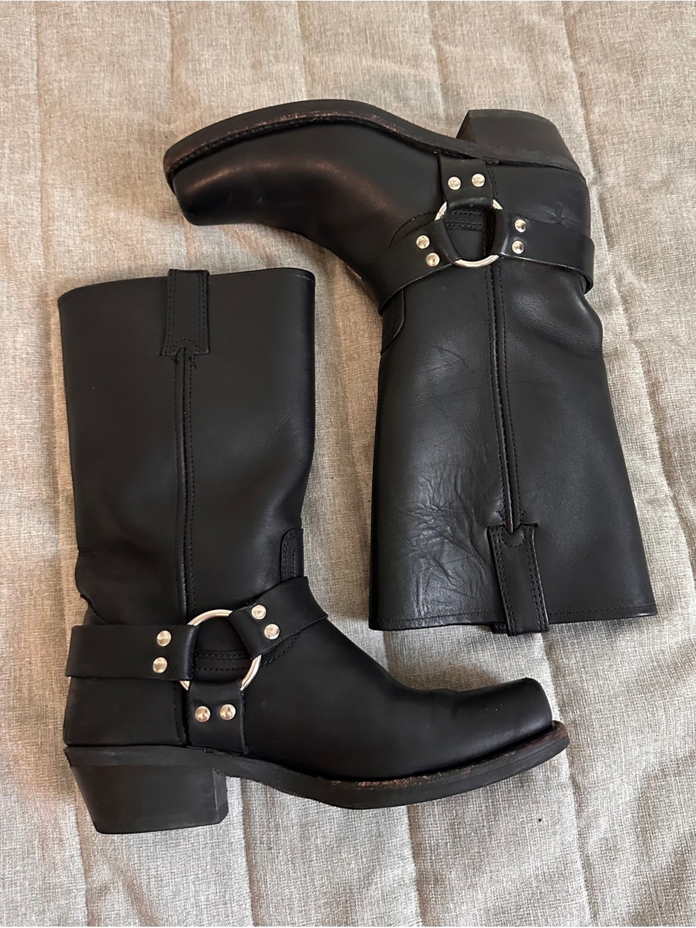 FRYE Harness 12R Black Moto Rugged Oil Leather Square Toe Boots Womens Size 9